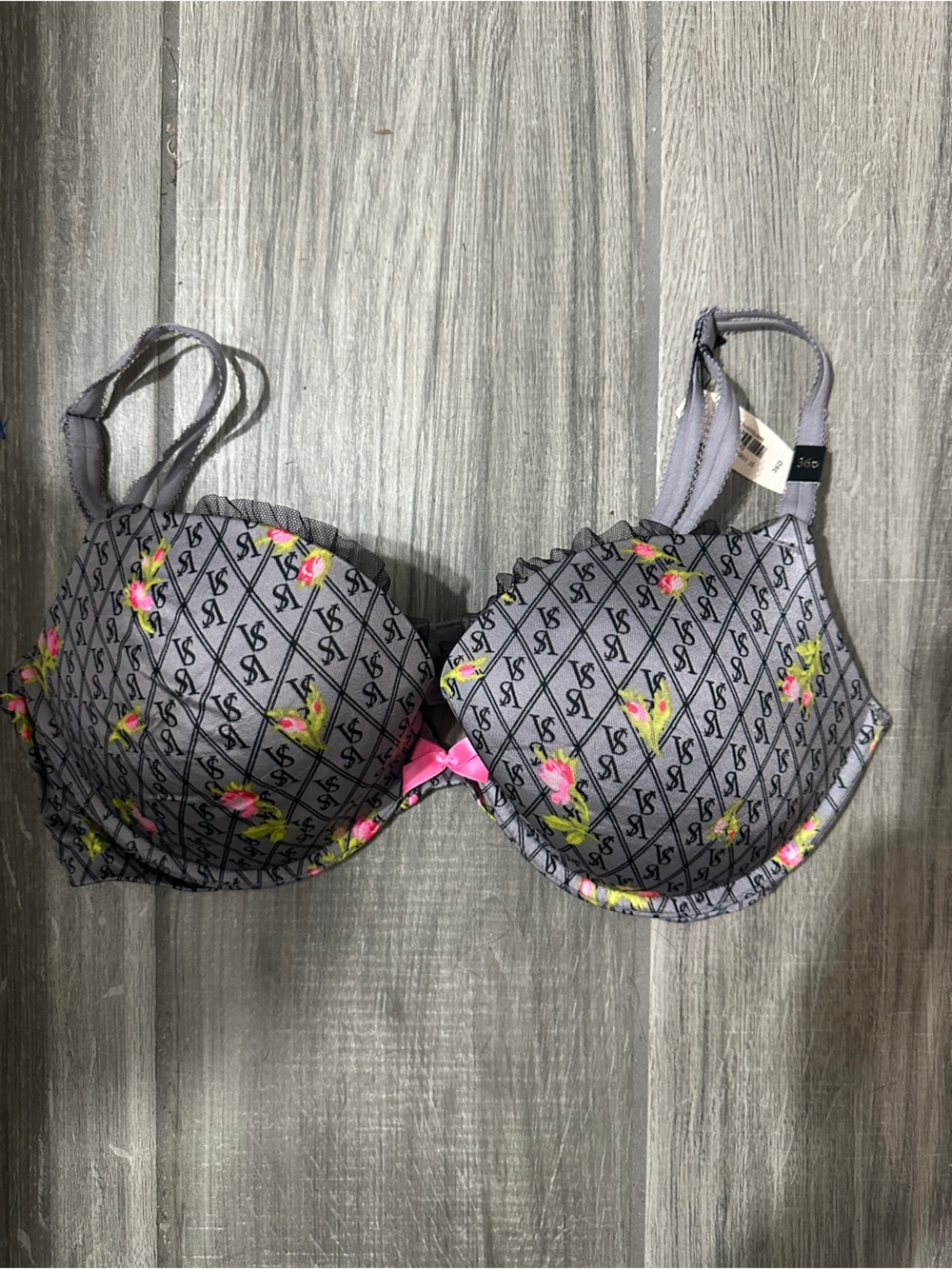 Victoria's Secret Gray Logo Underwire Bra with Pink Floral Accents